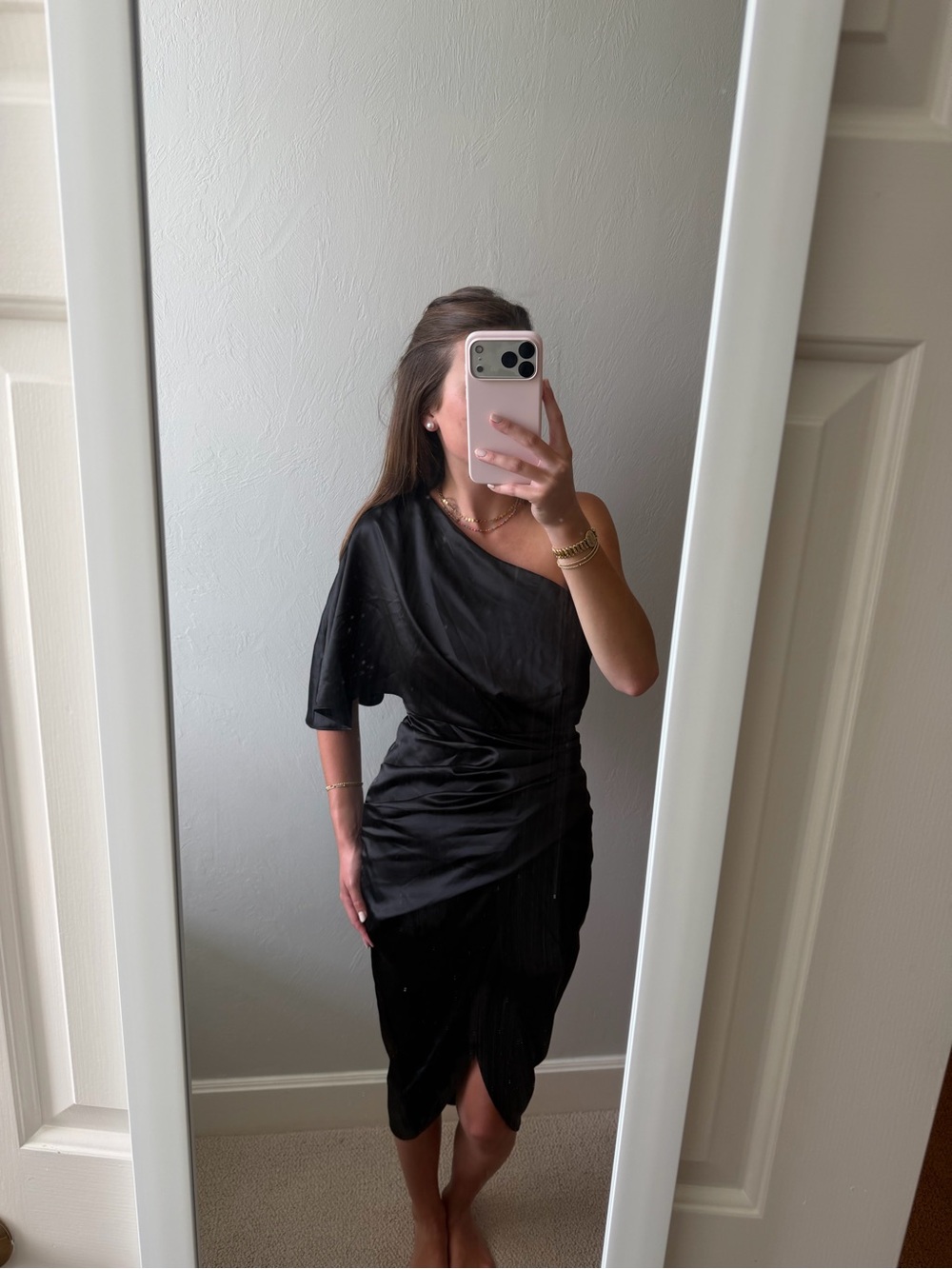 DO+BE One-Shoulder Black Draped Midi Dress